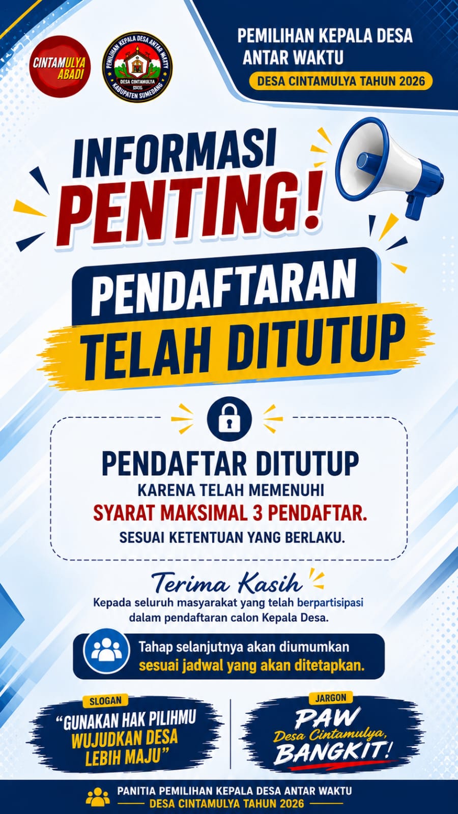 Panitia Resmi Tutup Pendaftaran Calon Kades PAW Desa Cintamulya 2026